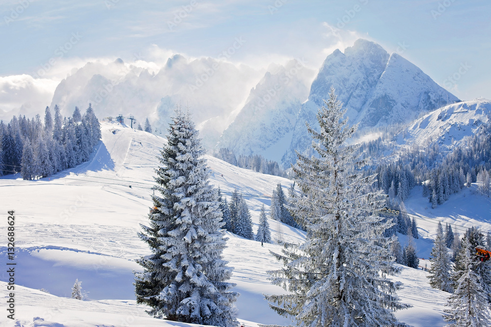 Winter landscape scene in a ski resort in Austria