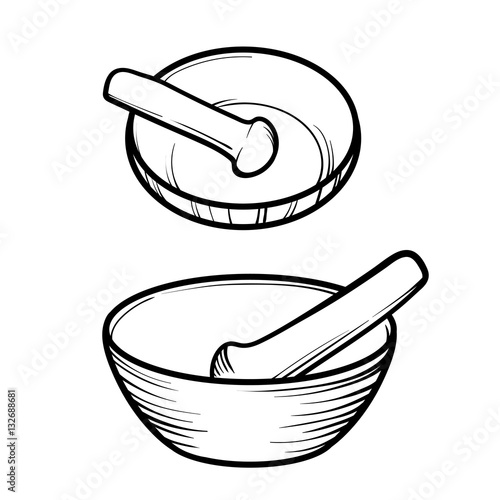 Mortar and pestle. Linear logo illustration. Cooking utensils. To prepare the seasoning.