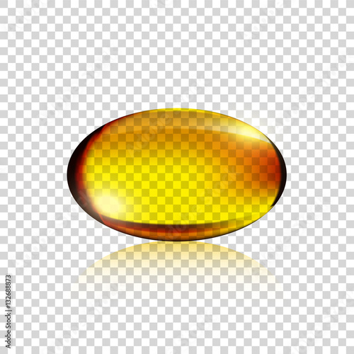 Transparent Realistic yellow gelatin capsule on simple background, vector illustration, vitamin