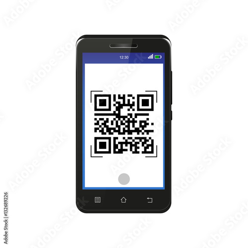 Black smartphone scanning QR code, isolated on white background