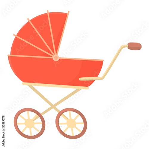 Red baby stroller icon, cartoon style