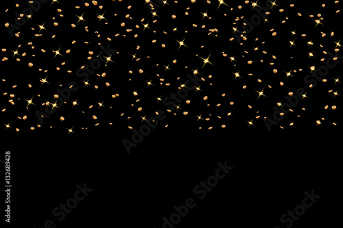 Gold confetti celebration isolated on black background. Falling golden abstract decoration for party, birthday celebrate, anniversary or Christmas, New Year. Festival decor. Vector illustration