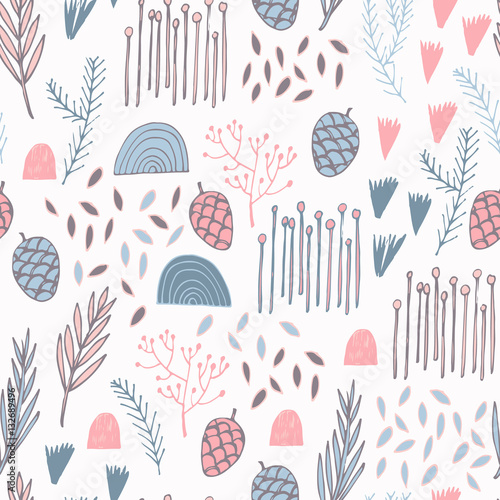 Winter Holidays seamless vector pattern. Nature elements and abstract shapes for party design.