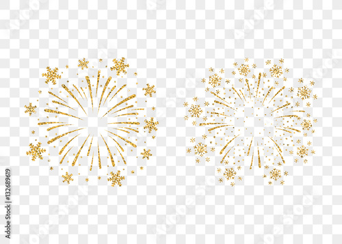 Fireworks gold set isolated. Beautiful golden firework on background. Bright decoration Christmas card, Happy New Year celebration, anniversary, festival. Flat design Vector illustration