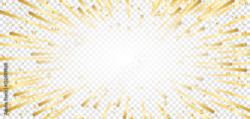 Gold bright firework, confetti on white transparent Christmas background. Golden decoration abstract design Happy New Year card, greeting, Xmas holiday celebrate, invitation. Vector illustration