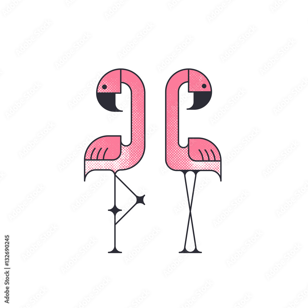 Naklejka premium Two geometrical flat vector flamingo birds.
