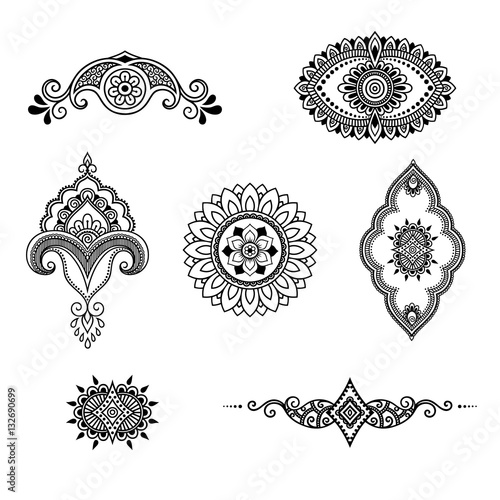 Henna tattoo flower template. Mehndi style. Set of ornamental patterns in the oriental style.
