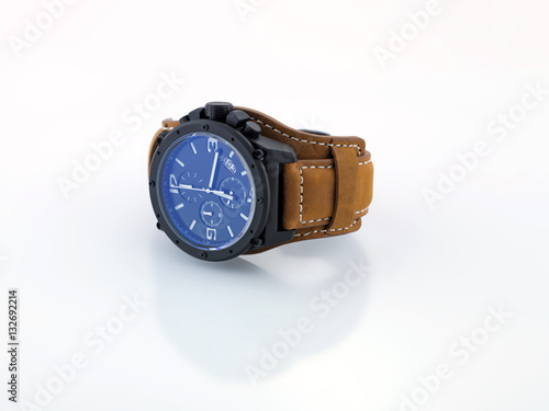 Man watch with brown leather strap
