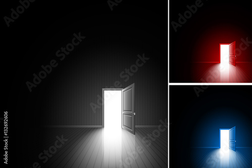 Open door in a dark room; Bright light outside - illuminates the floor; The concept of only decision, daring choice, exit, finding of freedom; Chance to achieving the goal; Vector background set Eps10