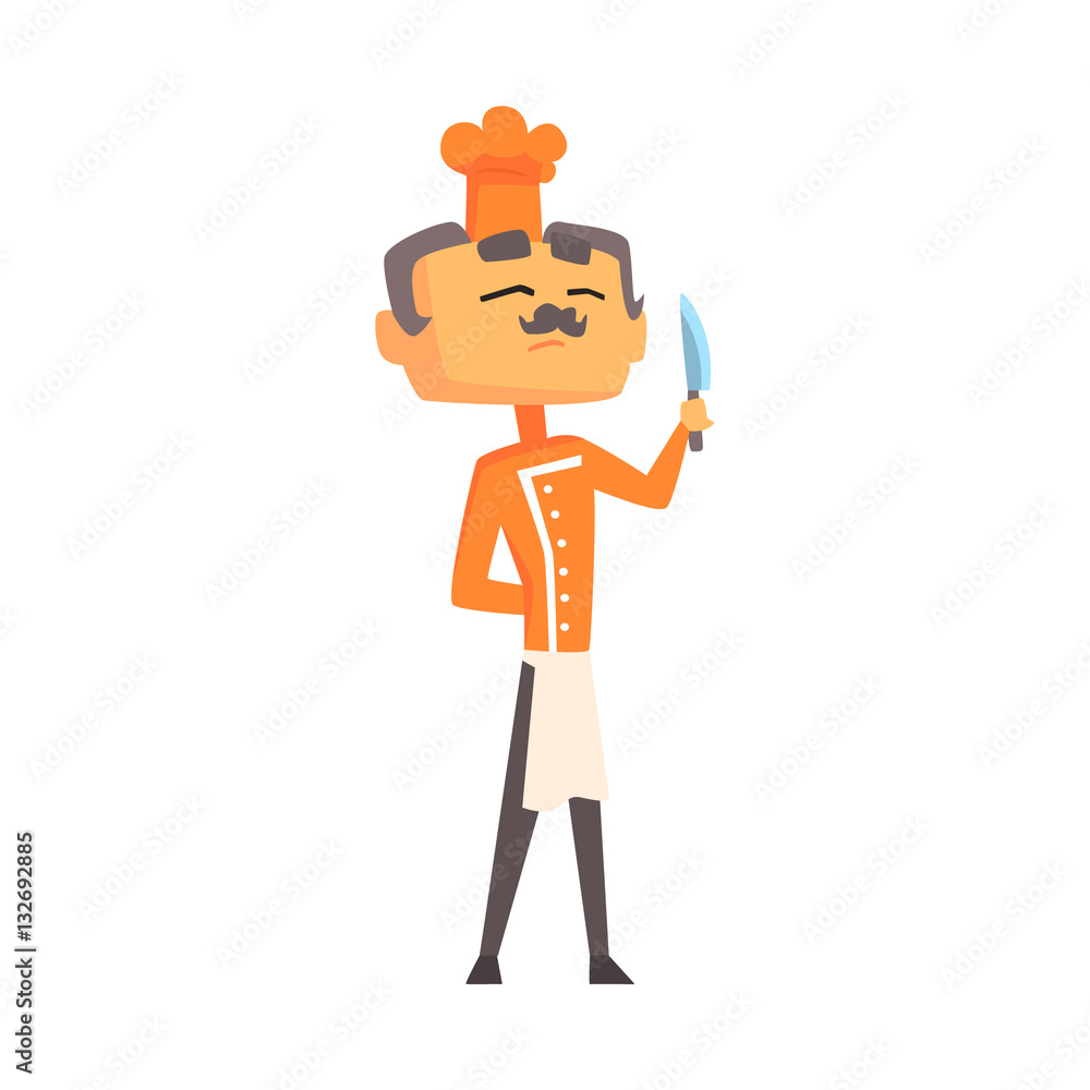 Professional Cook In Classic Double Breasted Orange Jacket And Toque Standing Proud With Knife