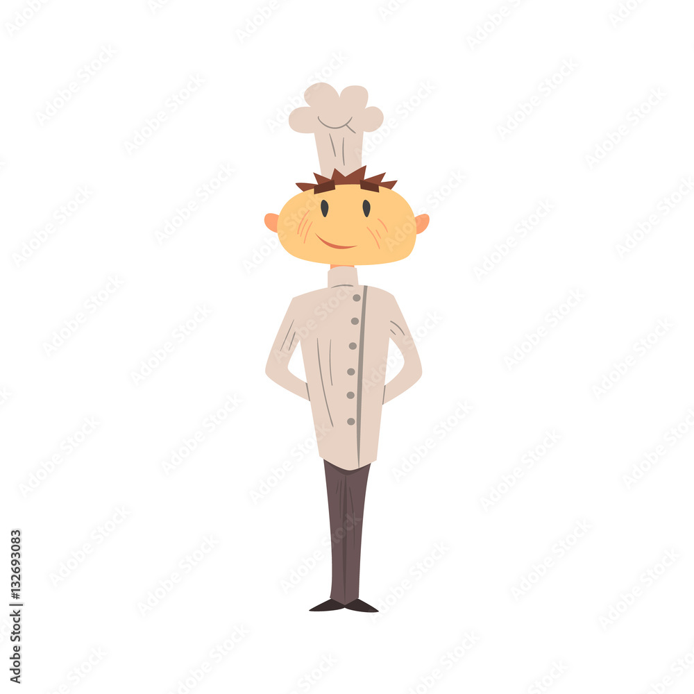 Professional Cook In Classic Double Breasted White Jacket And Toque Posing Smiling Professional Cook In Classic Double Breasted White Jacket And Toque Posing Smiling