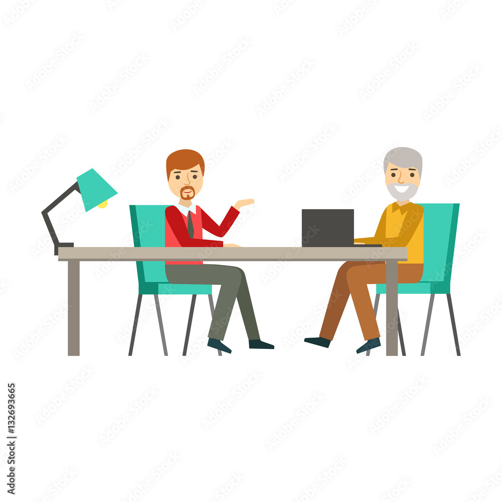 Colleagues Discussing Work At Table, Coworking In Informal Atmosphere In Modern Design Office Infographic Illustration Colleagues Discussing Work At Table, Coworking In Informal Atmosphere In Modern Design Office Infographic Illustration