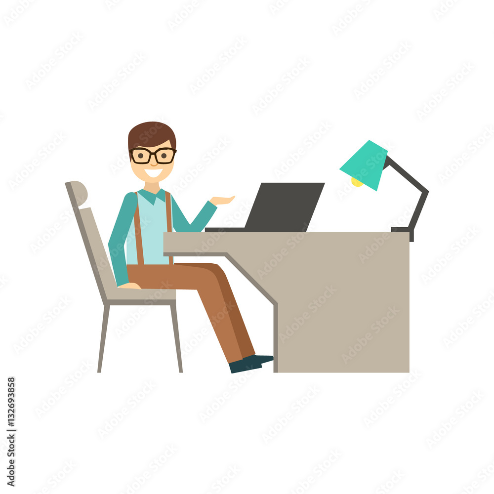Mn In Glasses Behind His Desk, Coworking In Informal Atmosphere In Modern Design Office Infographic Illustration
