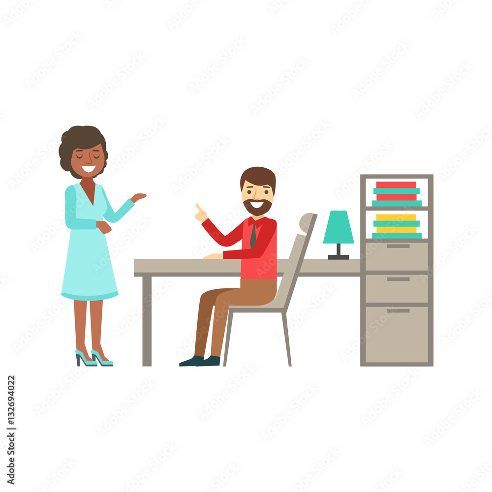 Obraz premium Man And Woman Colleagues Chatting , Coworking In Informal Atmosphere In Modern Design Office Infographic Illustration