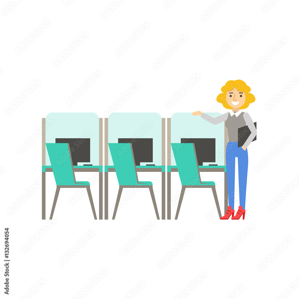 Fototapeta premium Woman Standing Next To Set Of Similar Cubicles, Coworking In Informal Atmosphere In Modern Design Office Infographic Illustration