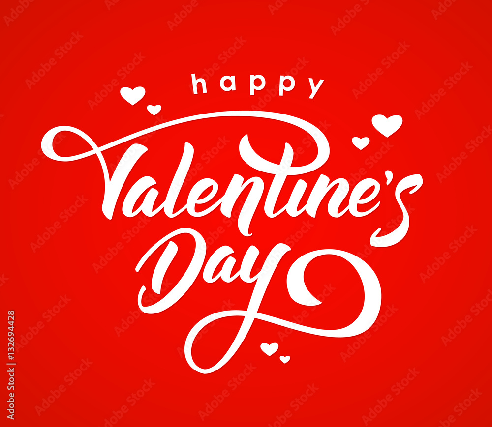 Vector illustration. Handwritten elegant modern brush lettering of Happy Valentines Day with hearts isolated on red background. Vector illustration. Handwritten elegant modern brush lettering of Happy Valentines Day with hearts isolated on red background.