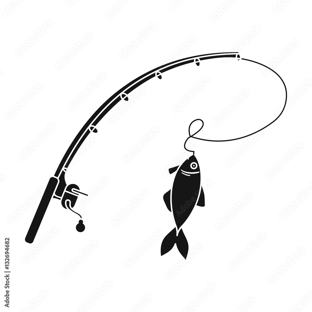 Fishing rod and fish icon in black style isolated on white