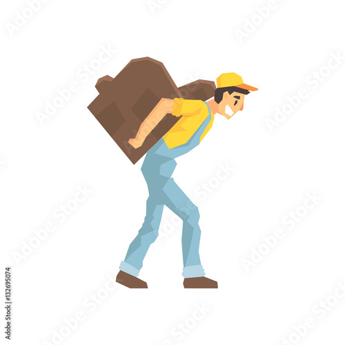 Worker Walking With Amchair On The Back, Delivery Company Employee Delivering Shipments Illustration