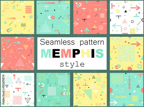 Trendy geometric elements memphis cards  seamless pattern. Retro style texture. Modern abstract design poster  cover  card design