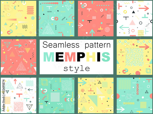Trendy geometric elements memphis cards, seamless pattern. Retro style texture. Modern abstract design poster, cover, card design