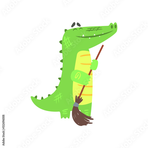Crocodile Sweeping Floor With Broom, Humanized Green Reptile Animal Character Every Day Activity