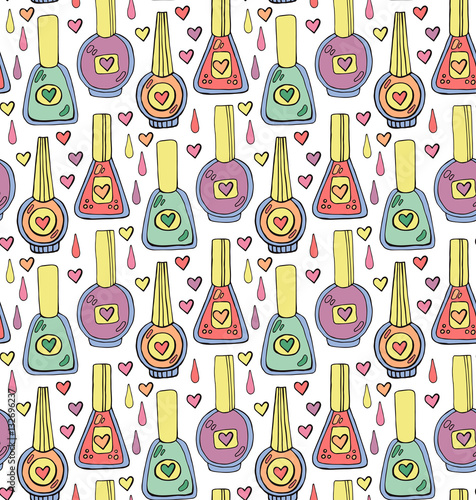 Nail polish hand drawn cute doodle seamless vector pattern
