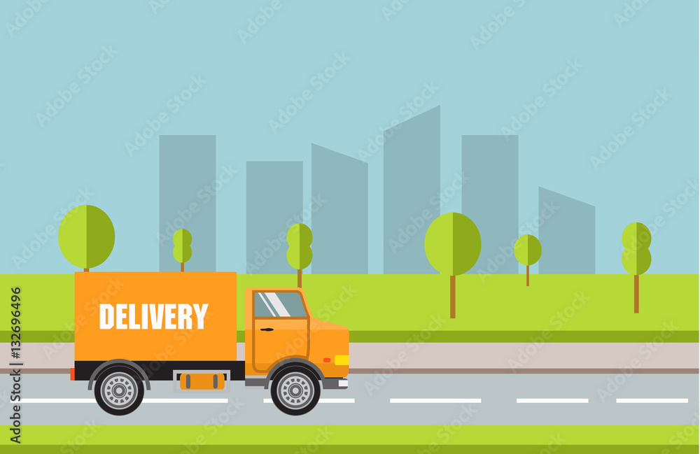 Vector the commercial truck on delivery. For firms on delivery of various goods, booklets, leaflets, a banner on the website. City service of delivery. Flat