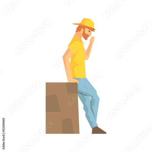 Worker Taking A Break Leaning Against Large Box, Delivery Company Employee Delivering Shipments Illustration
