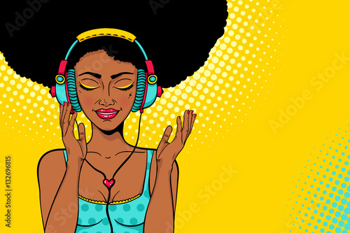 Young sexy african american woman with open smile and closed eyes in headphones listening to the music. Vector colorful background in pop art retro comic style. Party invitation poster.