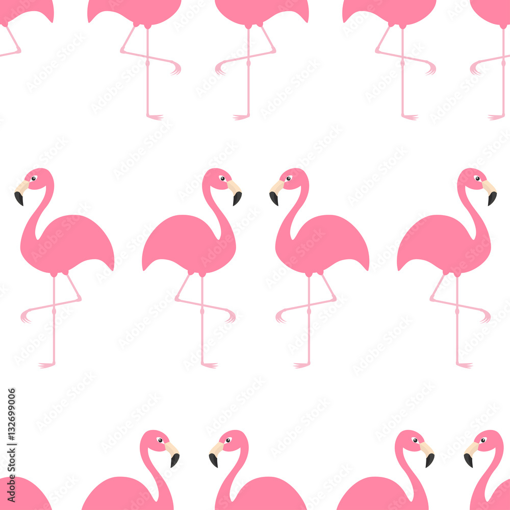 Fototapeta premium Flamingo Seamless Pattern Exotic tropical bird. Zoo animal collection. Cute cartoon character. Decoration element. White background. Isolated. Flat design.
