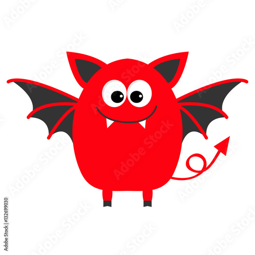 Funny monster with fang tooth and wings. Cute cartoon character. Red color. Baby collection. Isolated. Happy Halloween card. Flat design.