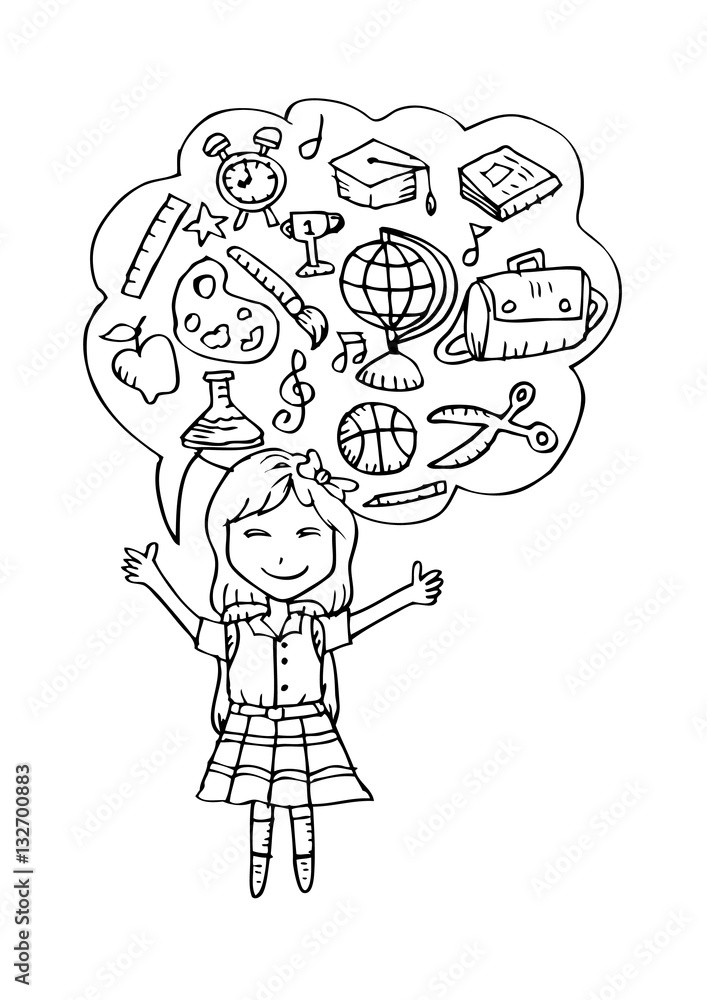 Cute girl sketch was thought bubble with education icons Cute girl sketch was thought bubble with education icons