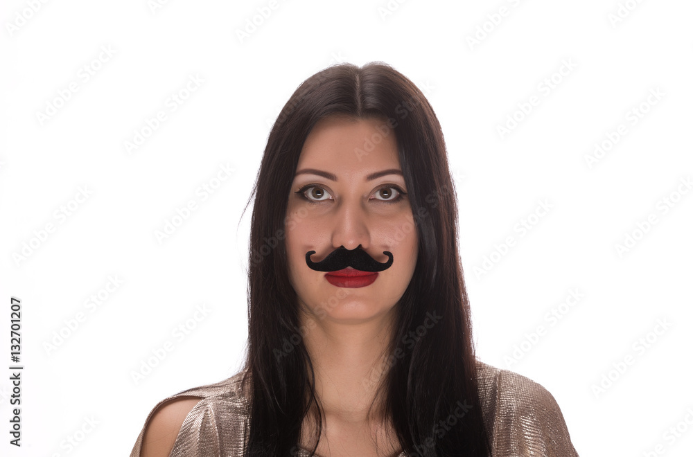 portrait of a girl with paper mustaches isolated on white background