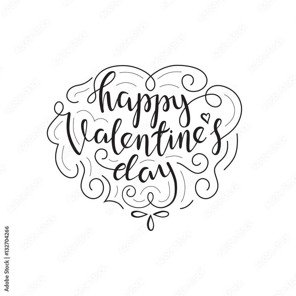 Happy Valentines Day Lettering Card. Typographic Background With Ornaments, Heart and Script.