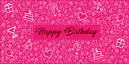 moderne und knallige Glückwunschkarte zum Geburtstag mit Happy Birthday und Icons