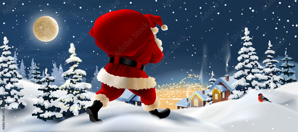 Vector winter landscape with Santa Claus in the foreground. Vector winter landscape with Santa Claus in the foreground.