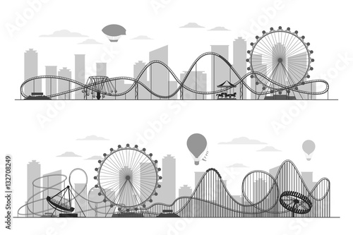 Fun fair amusement park landscape silhouette with ferris wheel, carousels and roller coaster