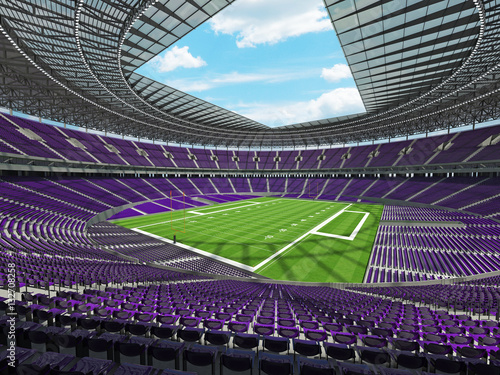 3D render of a round football stadium with purple seats for hundred thousand fans