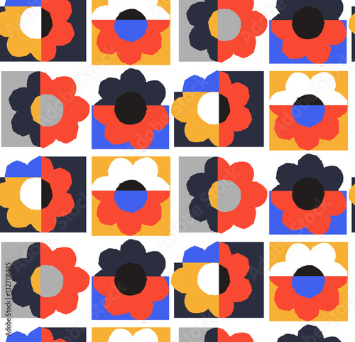 Ornamental, traditional, simple seamless pattern with flowers. Cute print with dot in scandinavian style.