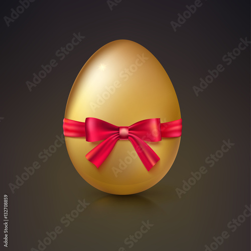 Golden egg, Realistic Ester egg with red ribbon and bow vector illustration. Party invitation template on dark background.