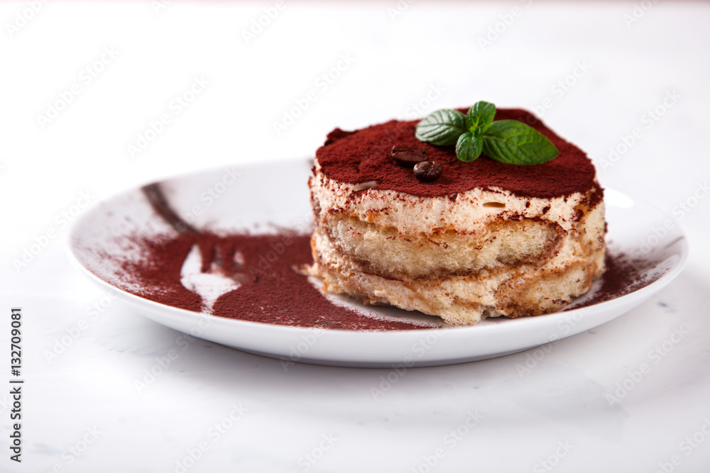 Tiramisu, traditional Italian Dessert on a white plate.On a Marble Background.Copy space. selective focus. Tiramisu, traditional Italian Dessert on a white plate.On a Marble Background.Copy space. selective focus.