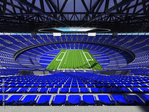 3D render of a round football stadium with blue seats and open roof
