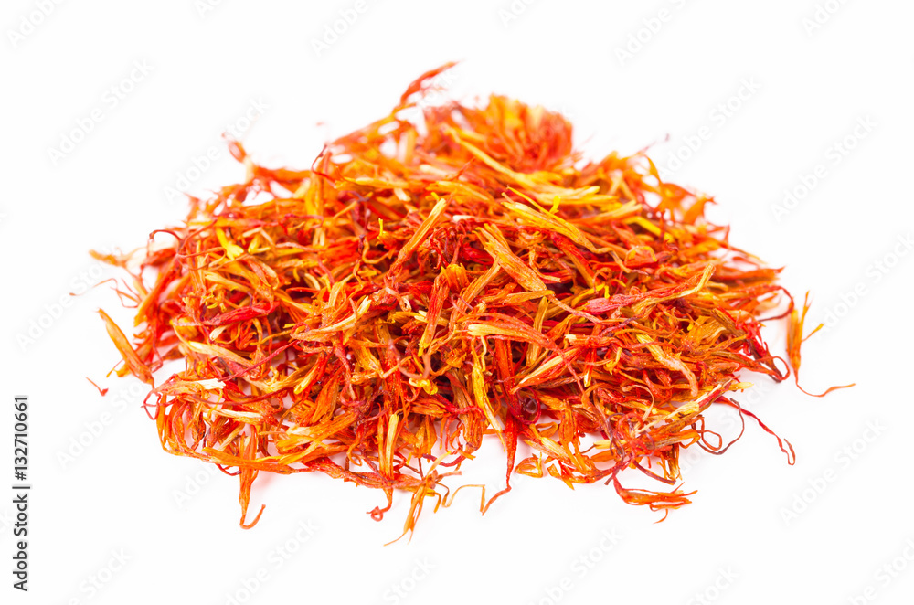 Safflower petals heap. Safflower petals heap.