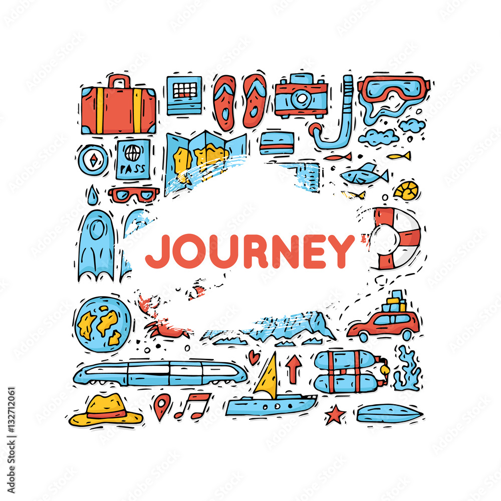 Naklejka premium World Travel. Hand drawn. Planning summer vacations. Summer holiday, journey, traveling set of icons. Tourism and vacation theme. Flat design vector illustration.