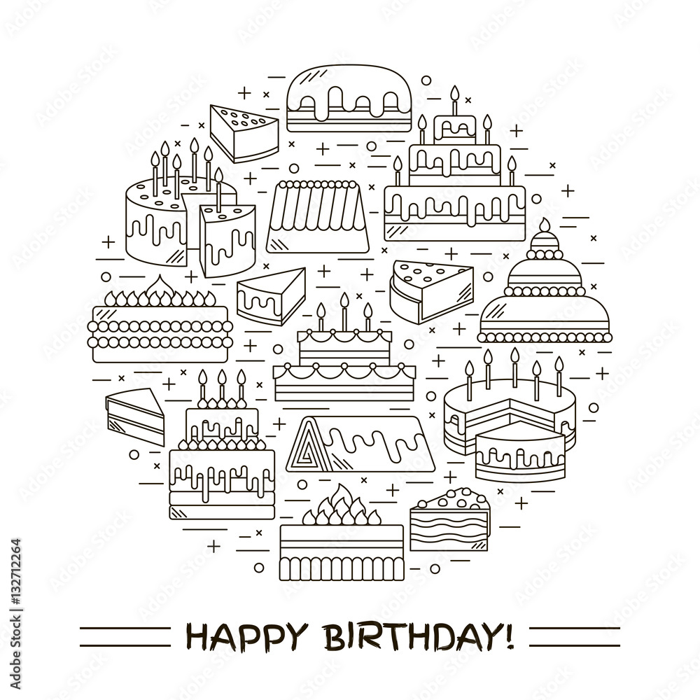 Cake with candle vector icons line set isolated. Sweet dessert illustration. Happy birthday wedding party celebration food collection. Bakery, cafe, restaurant design elements. Chocolate cream slice.