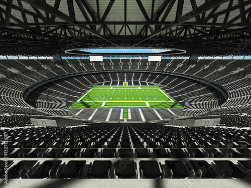 3D render of a round football stadium with black seatsnd VIP boxes a
