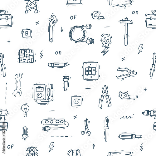 Equipment and tools electrician. Seamless pattern. Professional. Isolate icons. Hand drawn vintage style. Flat design vector illustration.