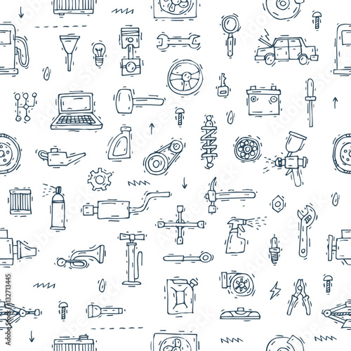 Mechanic. Seamless pattern. Auto engine repair elements. Suspension, painting, polishing. Car service. Hand drawn vintage style. Banners. Flat design vector illustration.