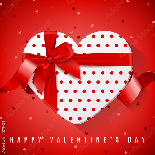 Happy Valentine's Day greeting banner. Top view on white gift box in the form of heart and red bow. Vector illustration with confetti and red tape.
