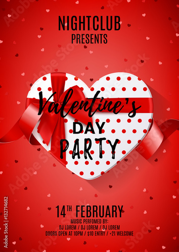 Poster for Valentine's Day party. Top view on white gift box in the form of heart and bow. Vector illustration with confetti and red tape. Invitation to nightclub.